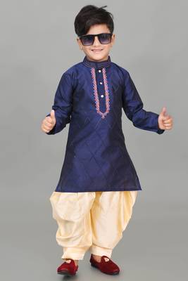 embroidery work navy blue dupion silk kurta and patiyala set for boys 1