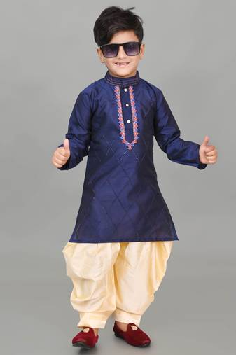 Nfc creation embroidery work navy blue dupion silk kurta and patiyala set for boys