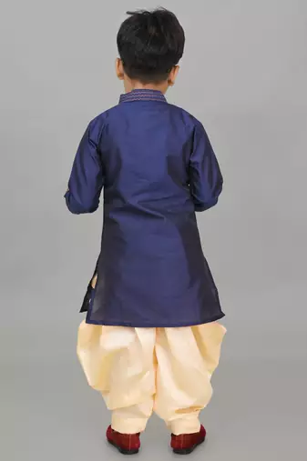 embroidery work navy blue dupion silk kurta and patiyala set for boys