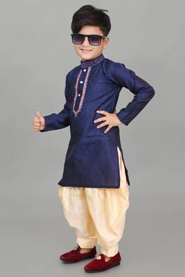 embroidery work navy blue dupion silk kurta and patiyala set for boys 3