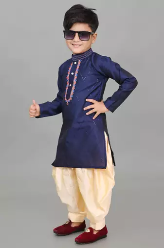 embroidery work navy blue dupion silk kurta and patiyala set for boys