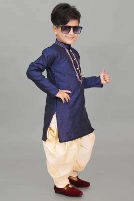 embroidery work navy blue dupion silk kurta and patiyala set for boys 4