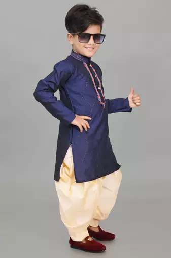 embroidery work navy blue dupion silk kurta and patiyala set for boys
