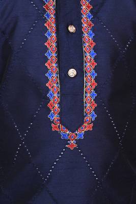 embroidery work navy blue dupion silk kurta and patiyala set for boys 5
