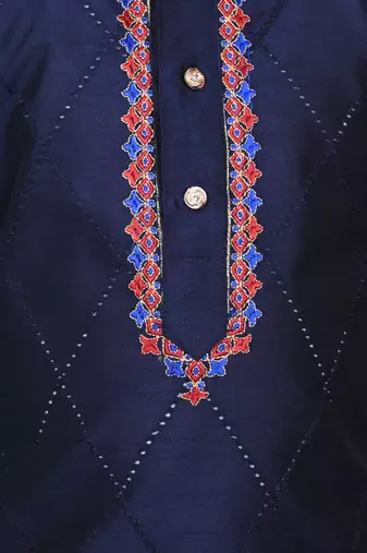 embroidery work navy blue dupion silk kurta and patiyala set for boys