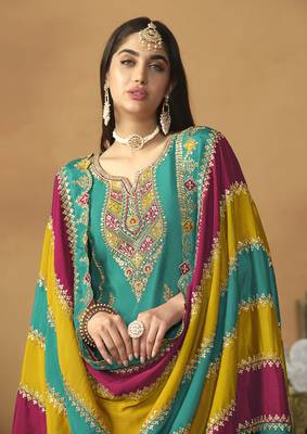 Faux georgette embroidered salwar suit in turquoise 4