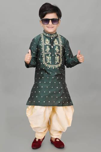 Nfc creation embroidery work bottel green dupion silk kurta and patiyala set for boys