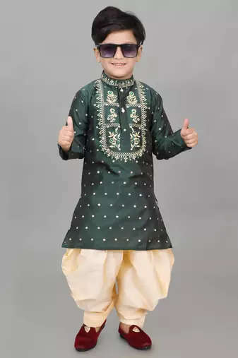 Nfc creation embroidery work bottel green dupion silk kurta and patiyala set for boys