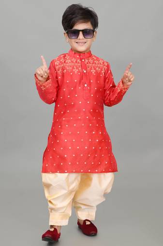 Nfc creation embroidery work red dupion silk kurta and patiyala set for boys