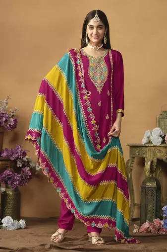 Faux georgette embroidered salwar suit in magenta