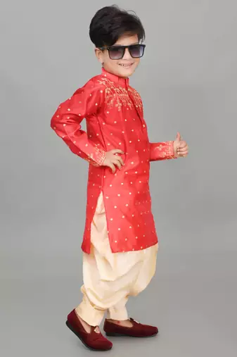 Nfc creation embroidery work red dupion silk kurta and patiyala set for boys