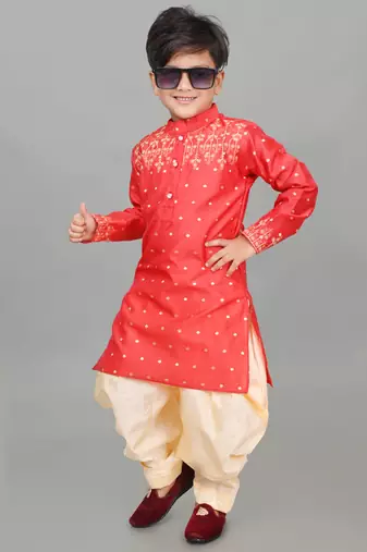 Nfc creation embroidery work red dupion silk kurta and patiyala set for boys