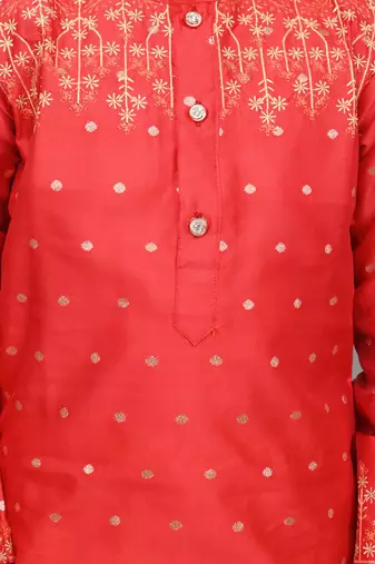 Nfc creation embroidery work red dupion silk kurta and patiyala set for boys