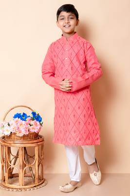 Nfc creation embroidery work red cotton kurta and pajama set for boys 1