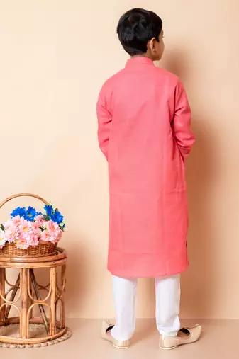 Nfc creation embroidery work red cotton kurta and pajama set for boys