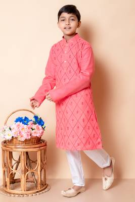 Nfc creation embroidery work red cotton kurta and pajama set for boys 3