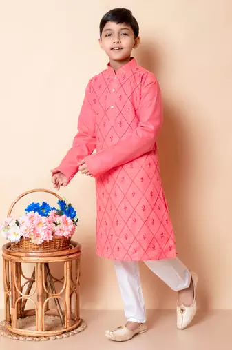 Nfc creation embroidery work red cotton kurta and pajama set for boys