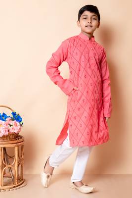 Nfc creation embroidery work red cotton kurta and pajama set for boys 4