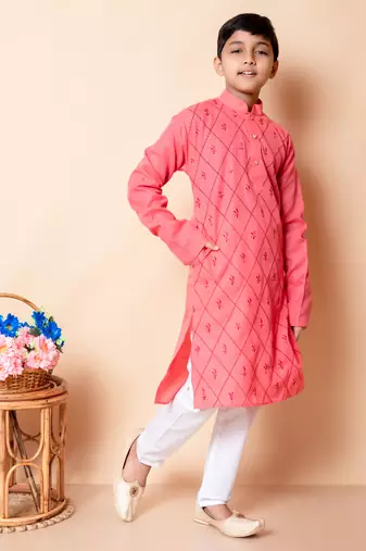 Nfc creation embroidery work red cotton kurta and pajama set for boys