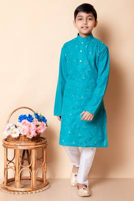 embroidery work rama green cotton kurta and pajama set for boys 1