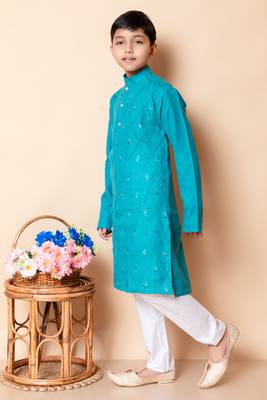 embroidery work rama green cotton kurta and pajama set for boys 3
