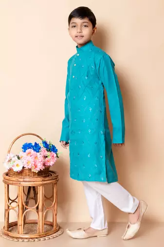 embroidery work rama green cotton kurta and pajama set for boys