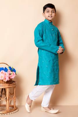 embroidery work rama green cotton kurta and pajama set for boys 4