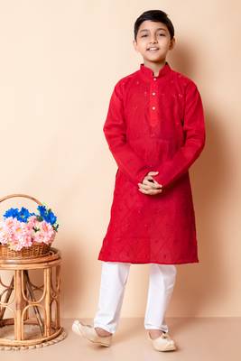 embroidery work red cotton kurta and pajama set for boys 1