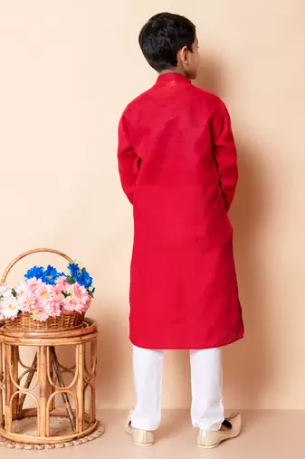 embroidery work red cotton kurta and pajama set for boys