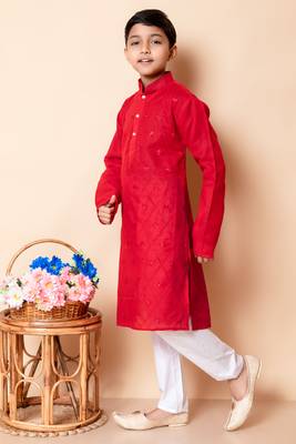 embroidery work red cotton kurta and pajama set for boys 3