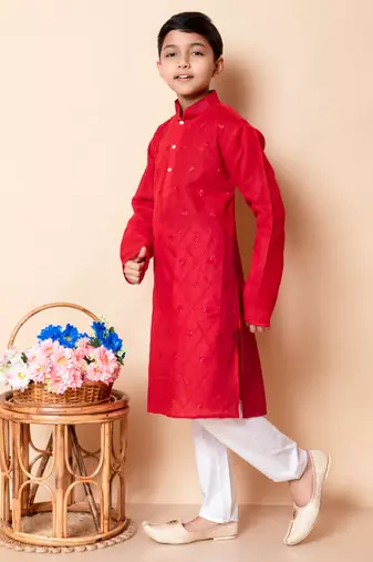 embroidery work red cotton kurta and pajama set for boys