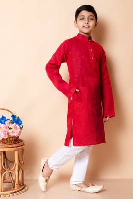 embroidery work red cotton kurta and pajama set for boys 4