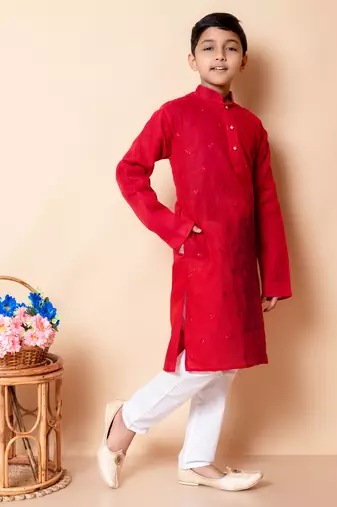 embroidery work red cotton kurta and pajama set for boys