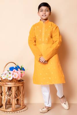 embroidery work yellow cotton kurta and pajama set for boys 1
