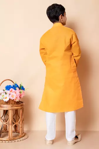 embroidery work yellow cotton kurta and pajama set for boys