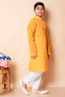 embroidery work yellow cotton kurta and pajama set for boys 3