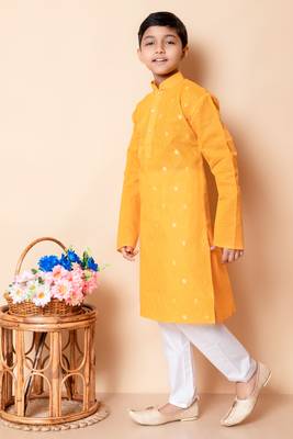 embroidery work yellow cotton kurta and pajama set for boys 4