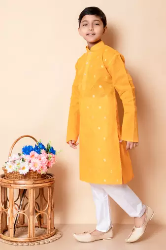 embroidery work yellow cotton kurta and pajama set for boys
