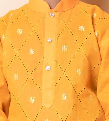 embroidery work yellow cotton kurta and pajama set for boys 5