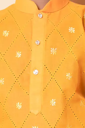 embroidery work yellow cotton kurta and pajama set for boys