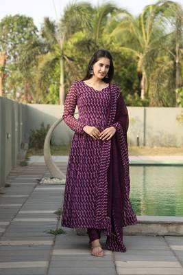 WINE COLOURED ANARKALI  PRINTED SUIT SET - 12 1