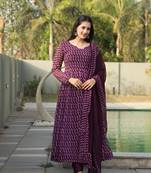 WINE COLOURED ANARKALI  PRINTED SUIT SET - 12