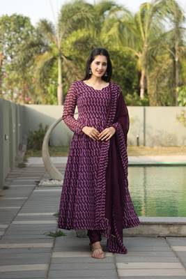 WINE COLOURED ANARKALI  PRINTED SUIT SET - 12 3