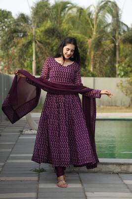 WINE COLOURED ANARKALI  PRINTED SUIT SET - 12 5