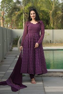 WINE COLOURED ANARKALI  PRINTED SUIT SET - 12 6