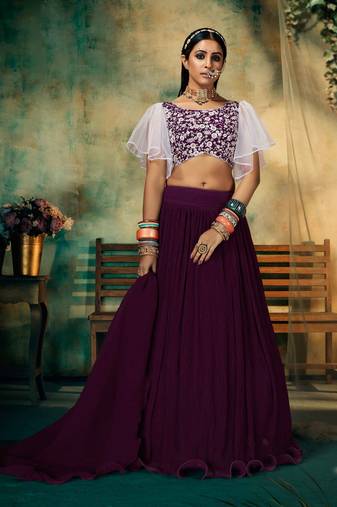 Purple Embroidered Georgette Circular Lehenga With Blouse Up To 42" Size