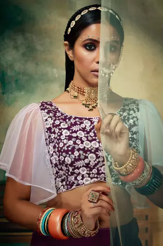 Purple Embroidered Georgette Circular Lehenga With Blouse Up To 42" Size