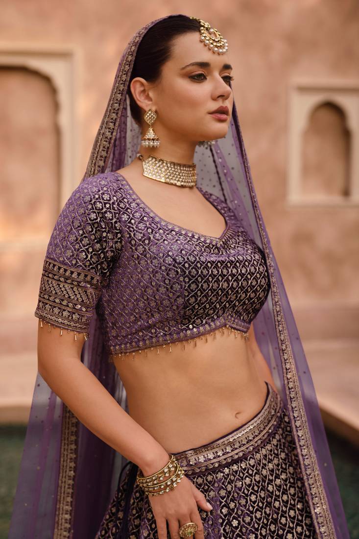 Purple Embroidered Art Silk Circular Free Size Stitched Lehenga With Blouse (Size Upto 40) Up To 40" Size