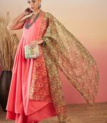 DARK PEACH STRAPPY W OLIVE LIBERTY PRINT ORGANZA DUPATTA SET
