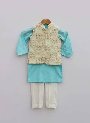 Off white Embroidery Jacket with Sky Blue Kurta and Churidar Pant 1